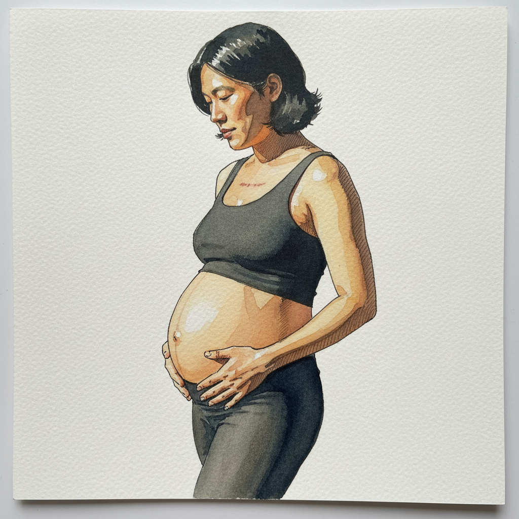 Pregnant non-binary model, weight right, hands resting Tighter & richer