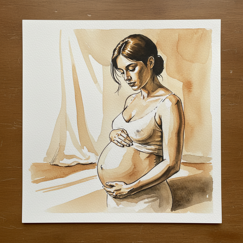 Pregnant non-binary model, weight right, hands resting Alternative interpretation