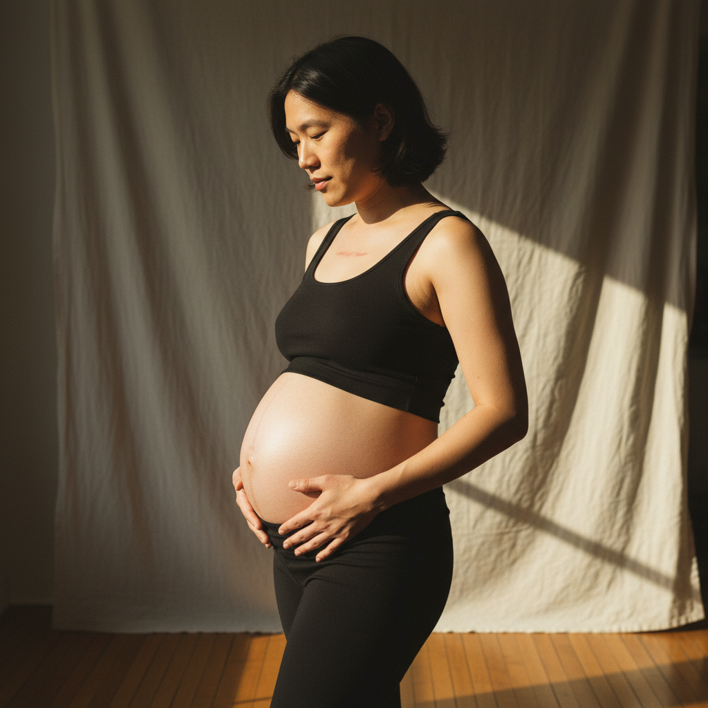 Pregnant non-binary model, weight right, hands resting photo reference