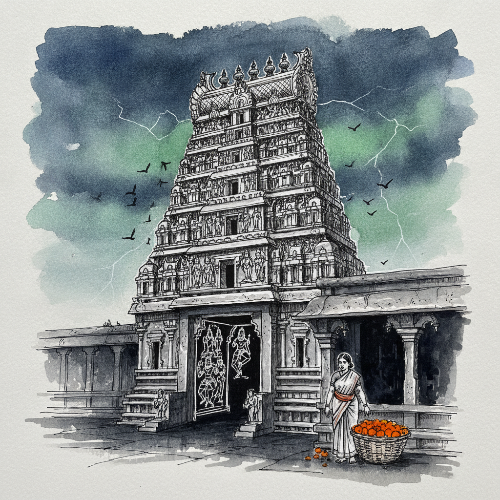 The gopuram at Chidambaram in afternoon storm example 1