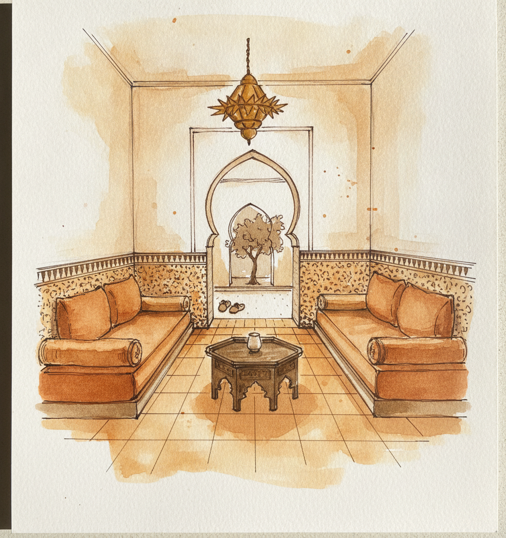 Moroccan riad lounge with low seating example 1