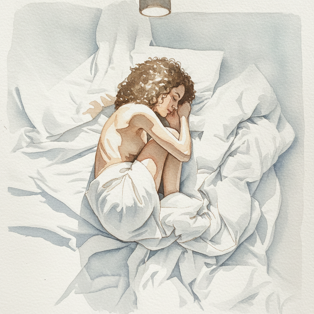 Fetal on rumpled bedsheets, single overhead spot example 2