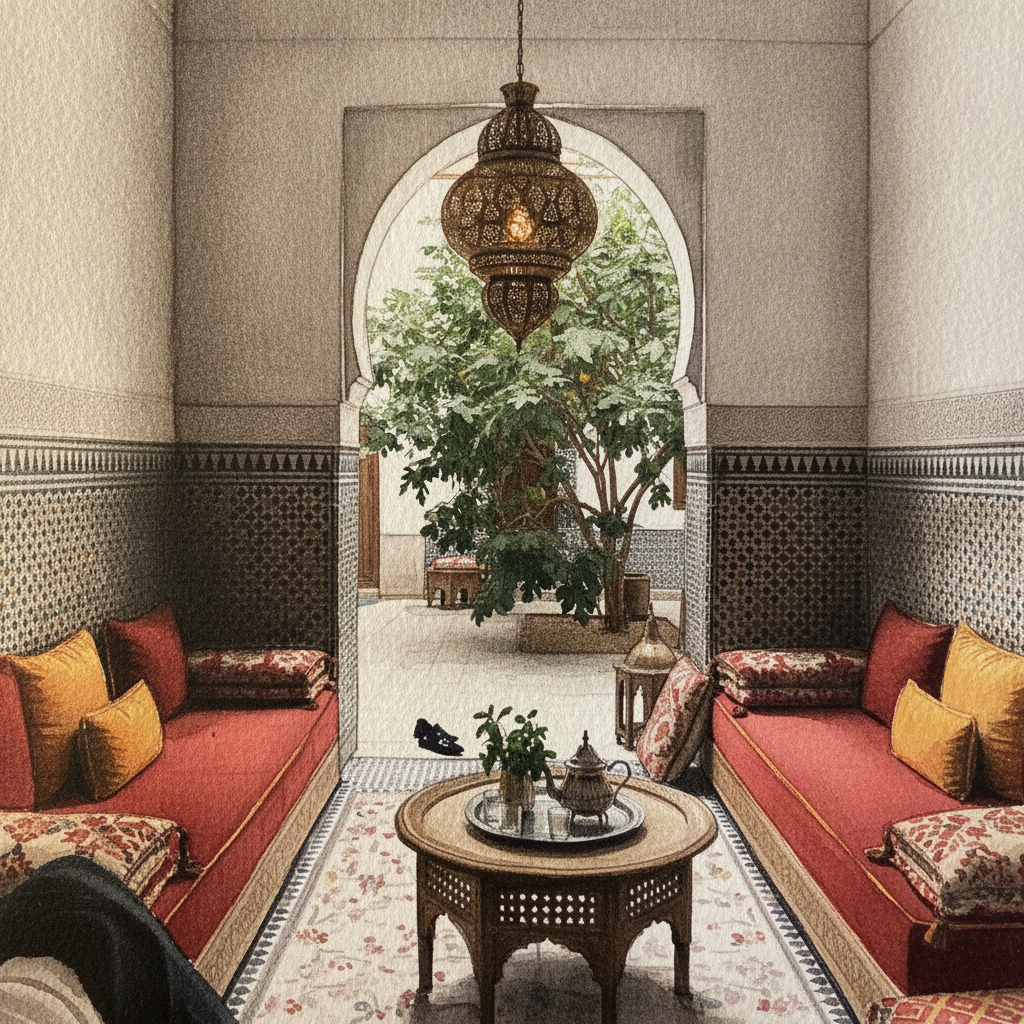 Moroccan riad lounge with low seating example 2