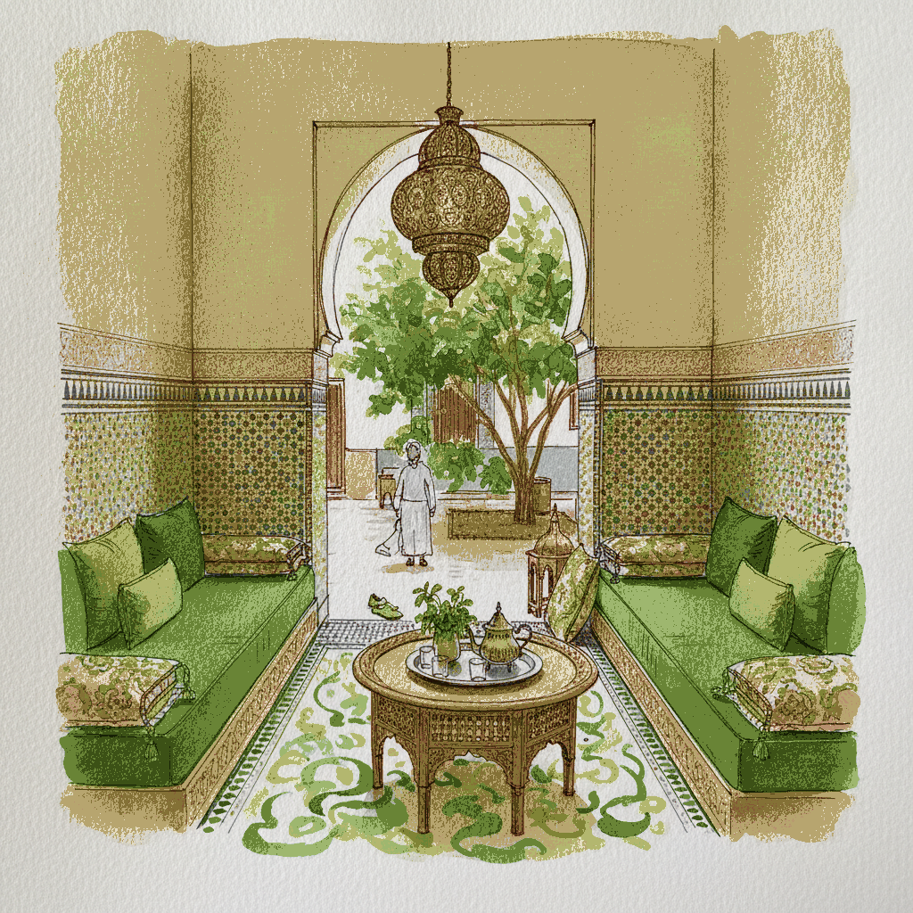 Moroccan riad lounge with low seating example 3