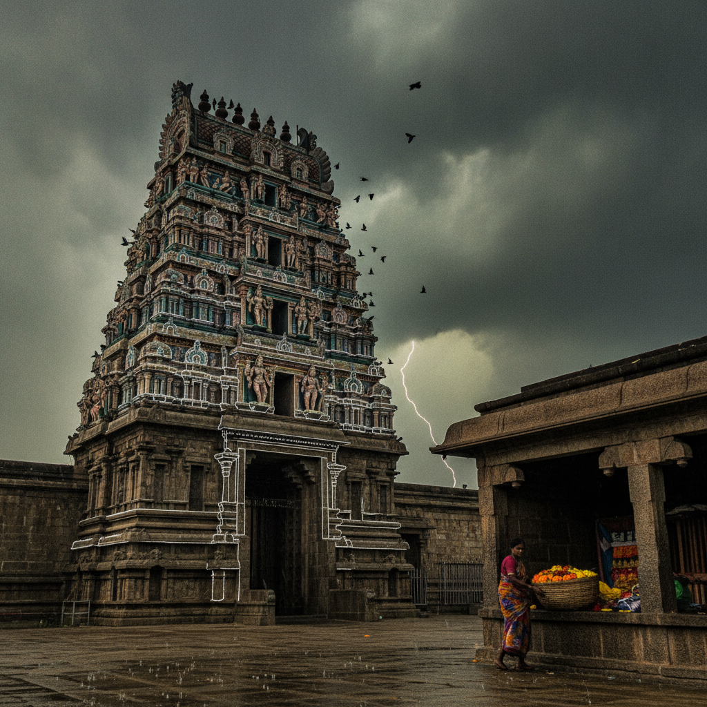 The gopuram at Chidambaram in afternoon storm AI-generated photoreal reference