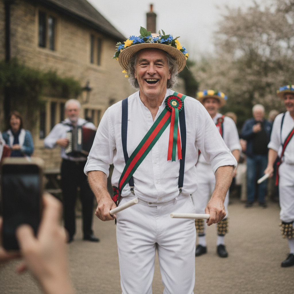 English Morris dancer with bells AI-generated photoreal reference