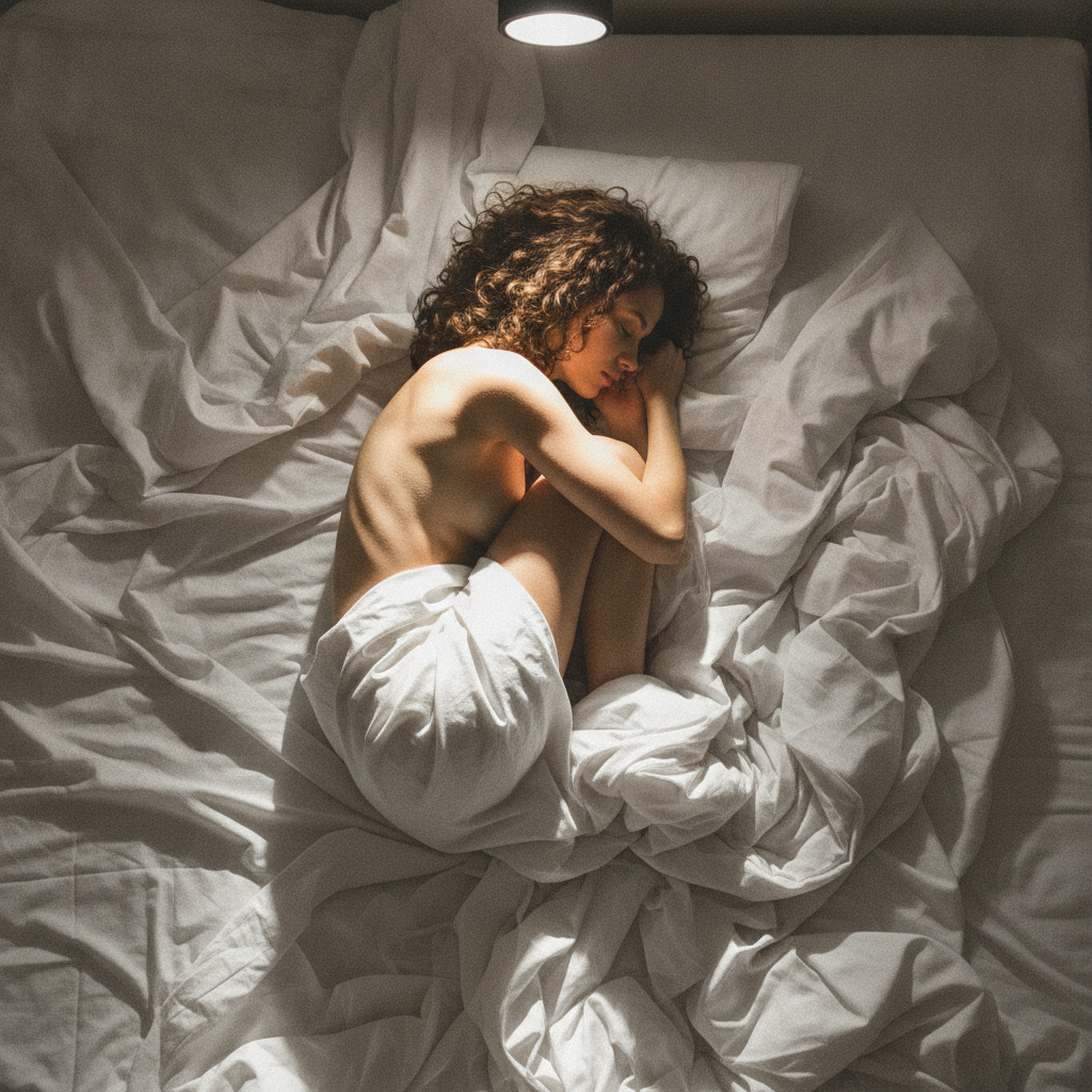 Fetal on rumpled bedsheets, single overhead spot AI-generated photoreal reference