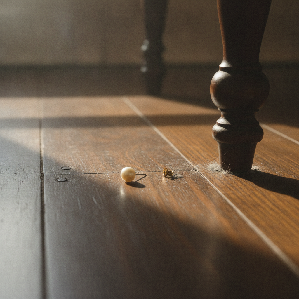 Pearl earring dropped on floorboard AI-generated photoreal reference