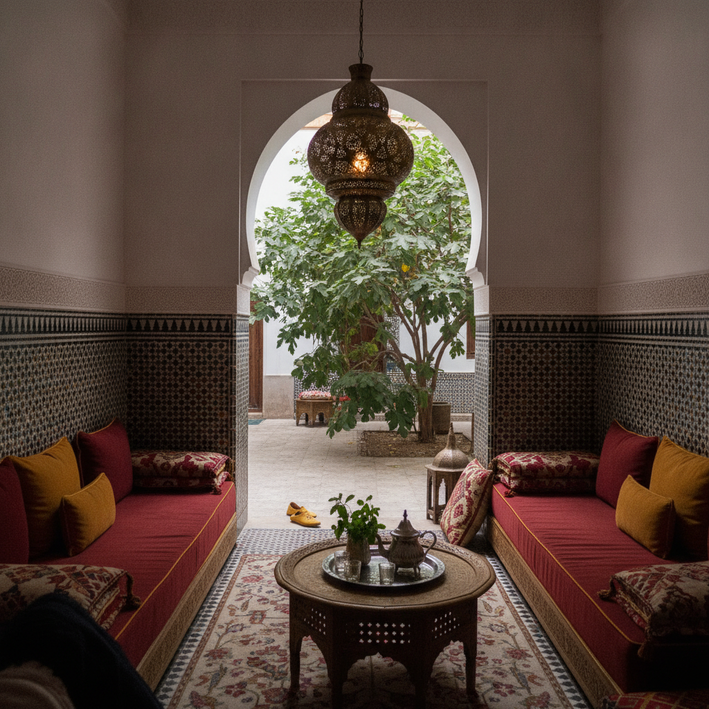 Moroccan riad lounge with low seating AI-generated photoreal reference
