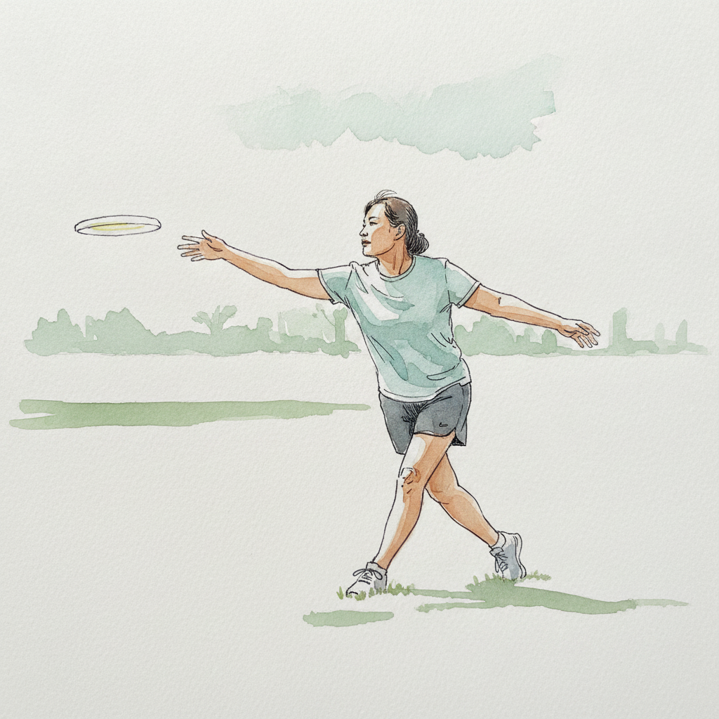 Frisbee backhand throw, park lawn Loose & airy
