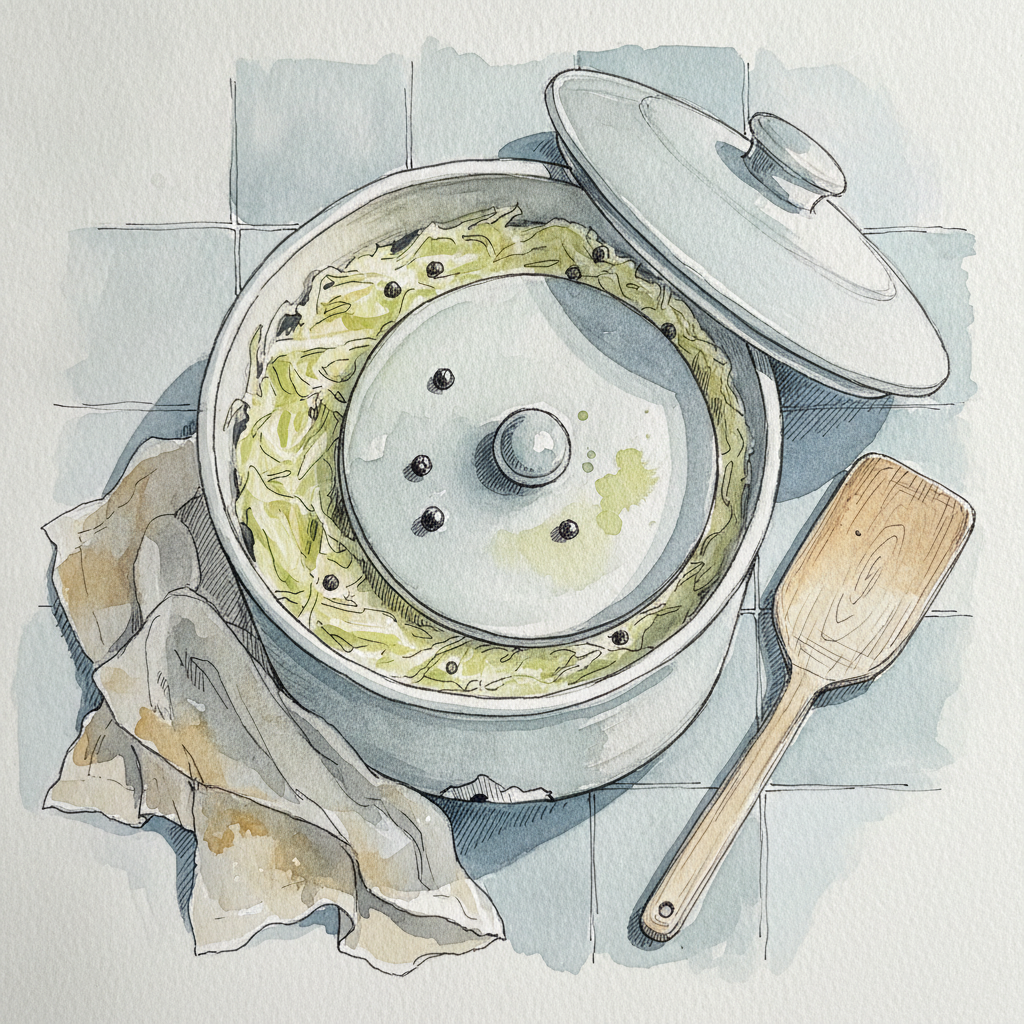 Sauerkraut in a stoneware crock with weight AI-generated Loose & airy example