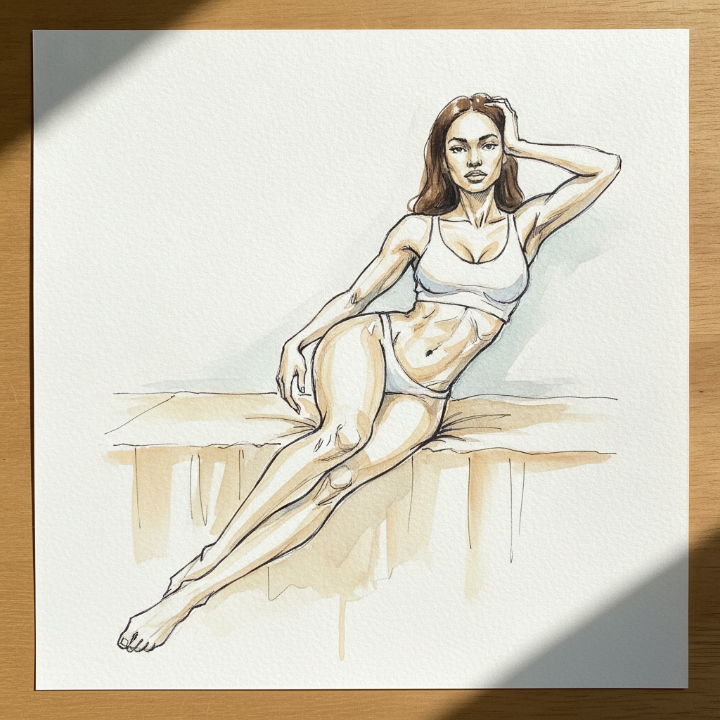 Long S-curve, head turned to the viewer AI-generated Loose & airy example