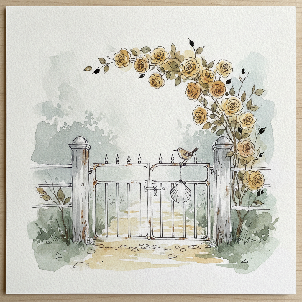 Cape Cod cottage gate in fog with Buff Beauty apricot example 1