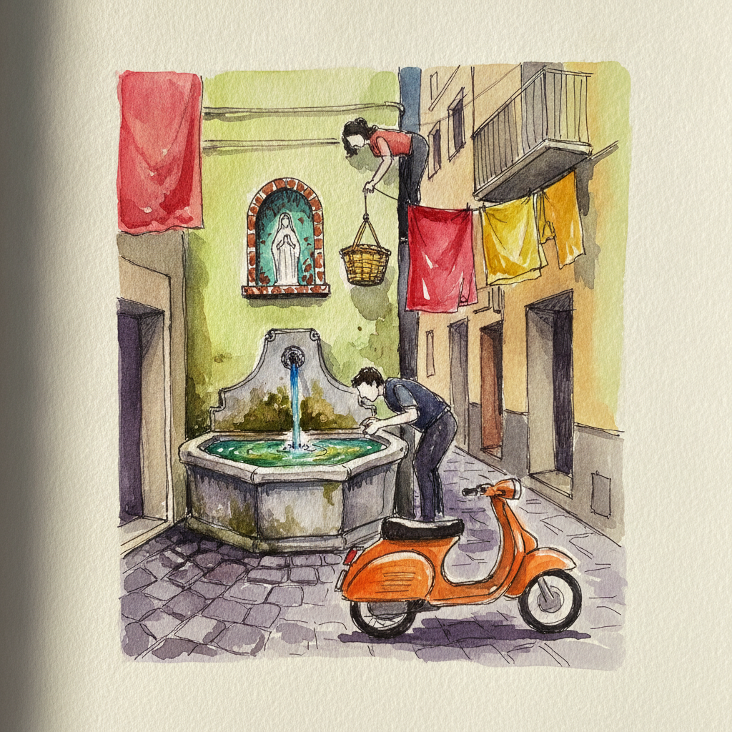 Naples drinking fountain in narrow alley example 1