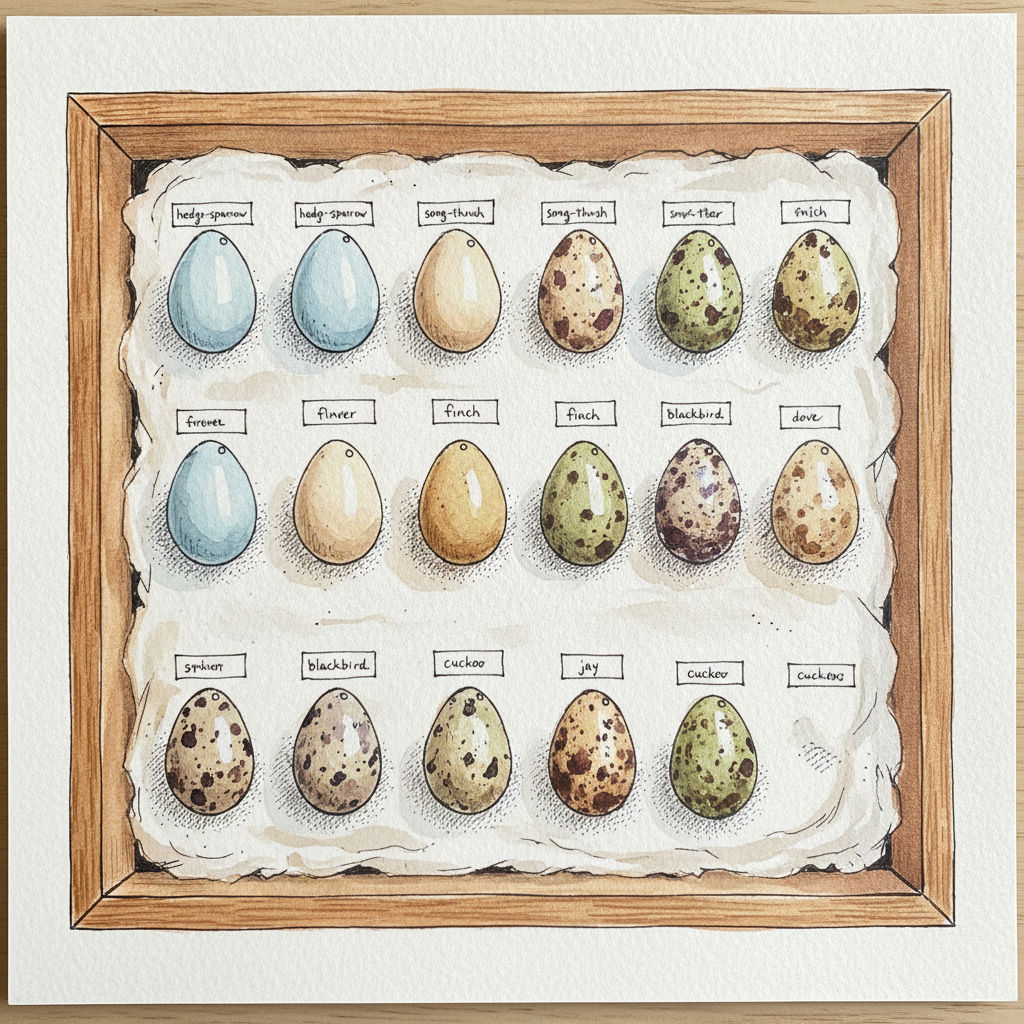Blown-egg collection in a museum drawer Loose & airy