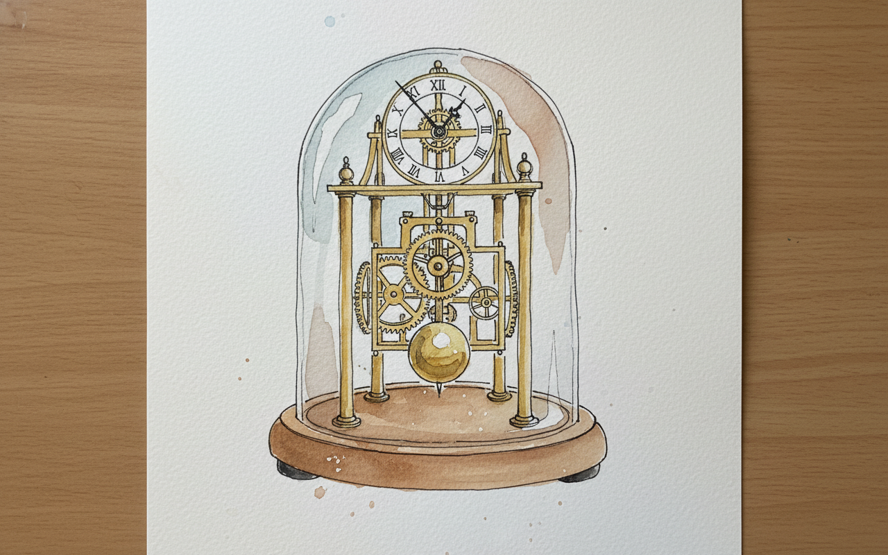Skeleton clock under dome Loose & airy