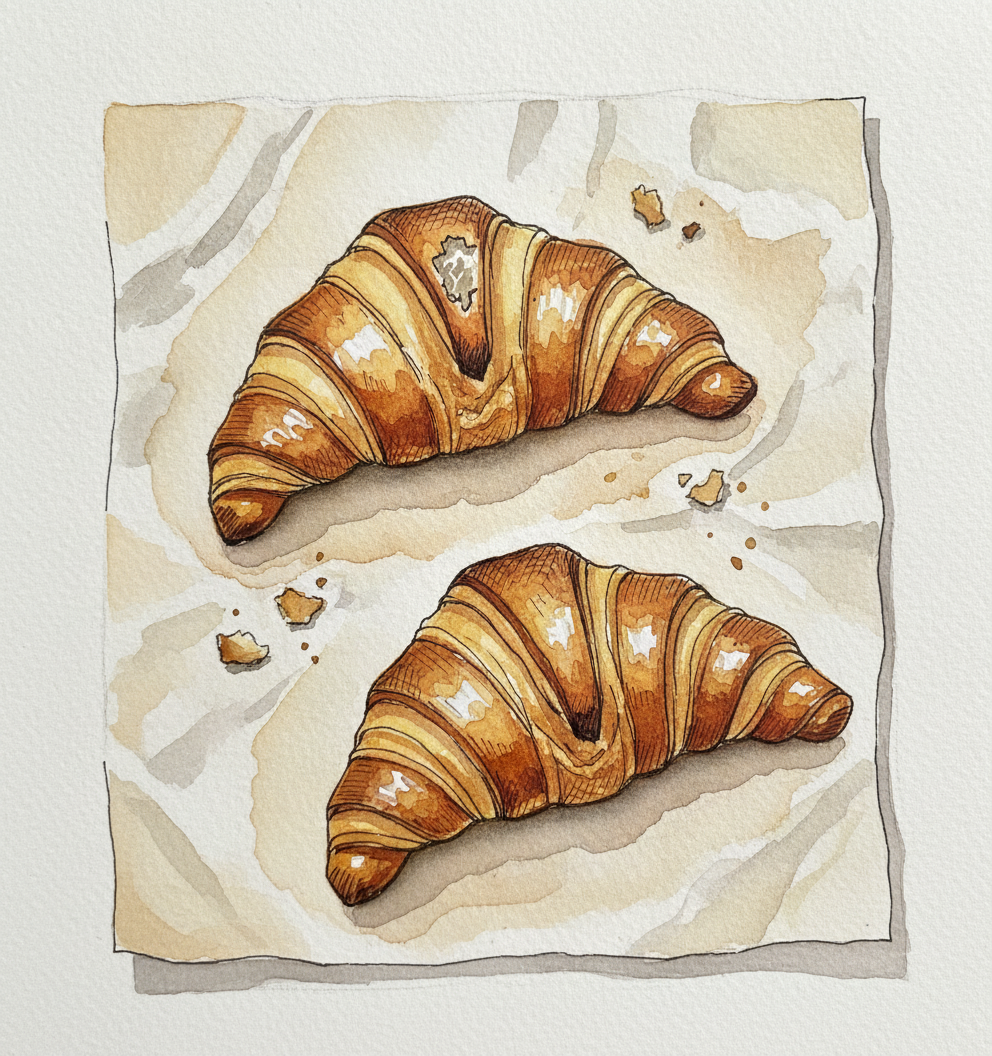 Croissants flaking on parchment Tighter & richer