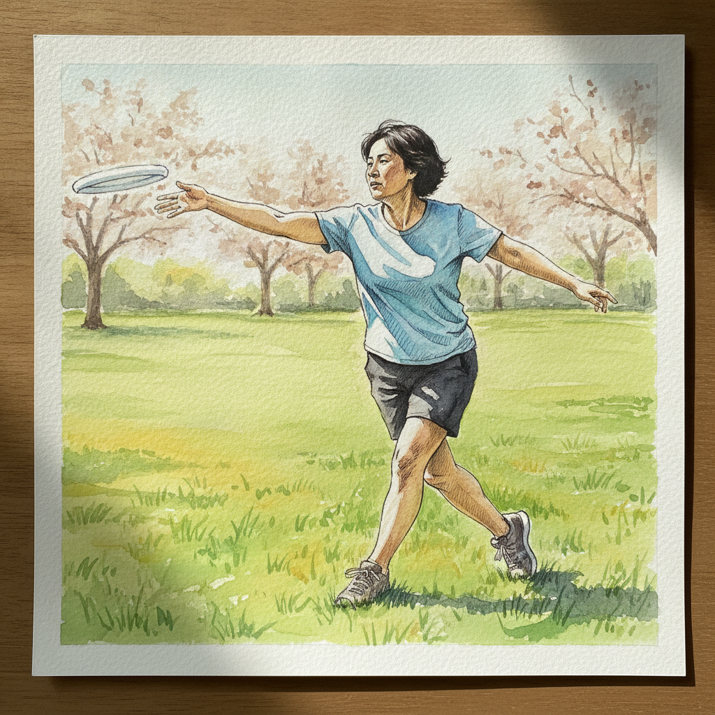 Frisbee backhand throw, park lawn Tighter & richer