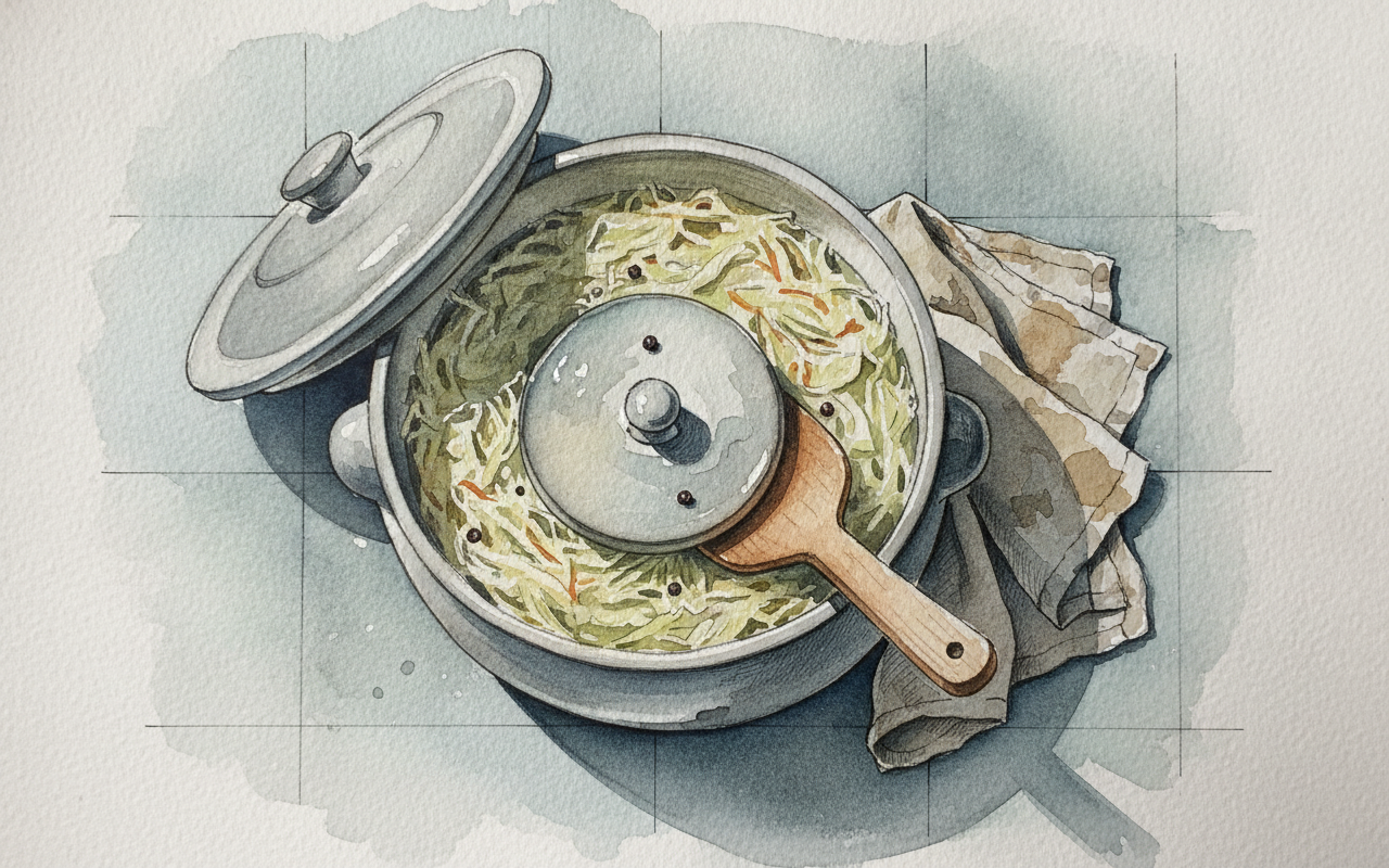 Sauerkraut in a stoneware crock with weight AI-generated Tighter & richer example