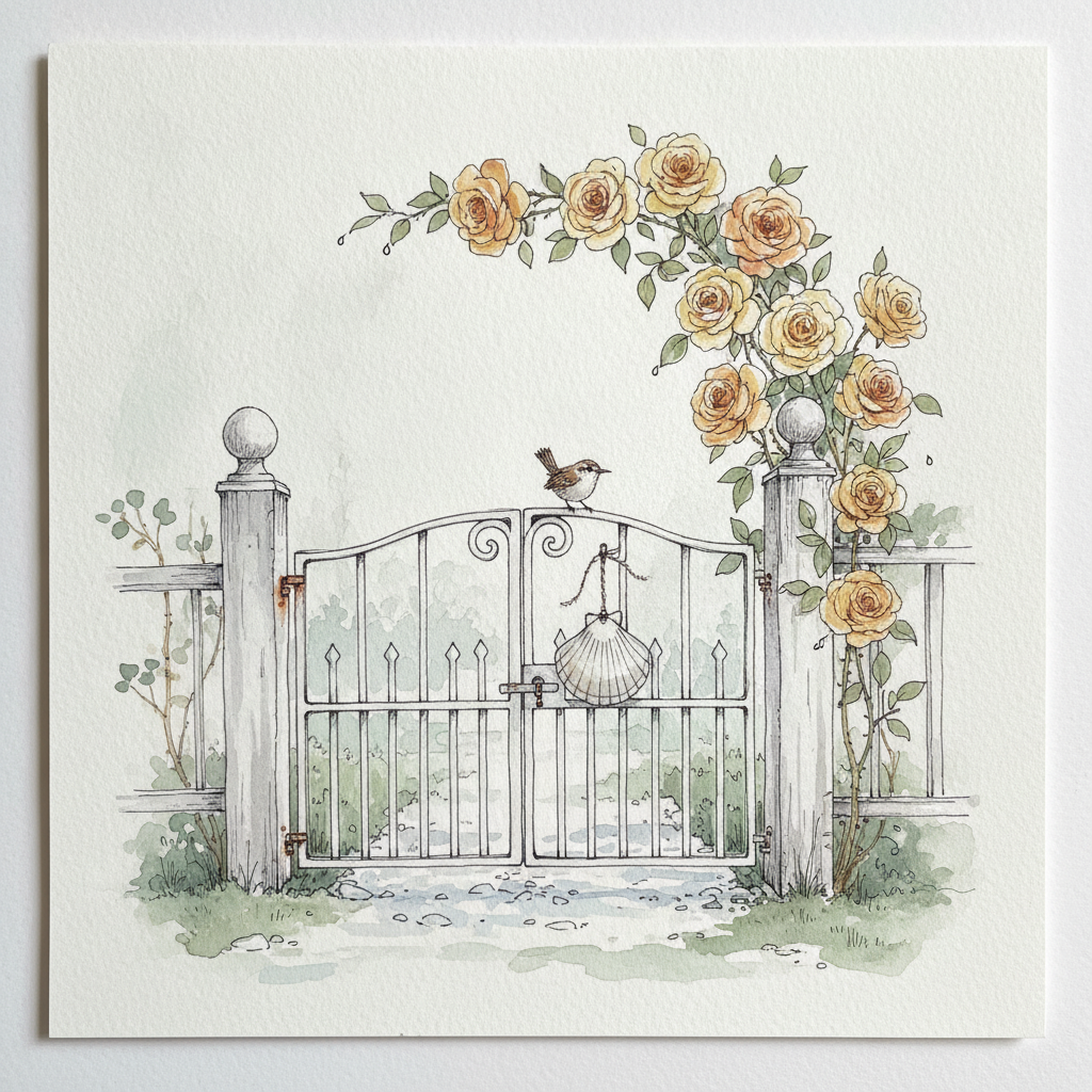 Cape Cod cottage gate in fog with Buff Beauty apricot example 2