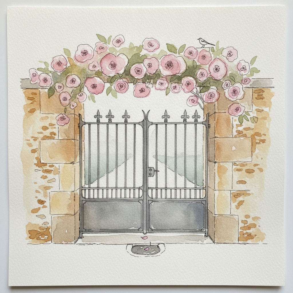 Anjou river gate at dawn with Climbing Cécile Brunner example 2