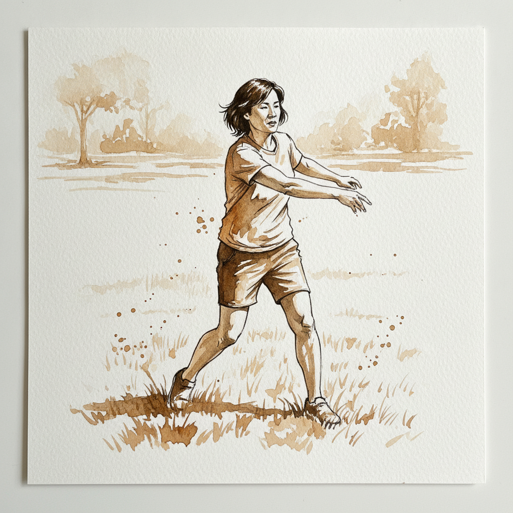 Frisbee backhand throw, park lawn Alternative interpretation