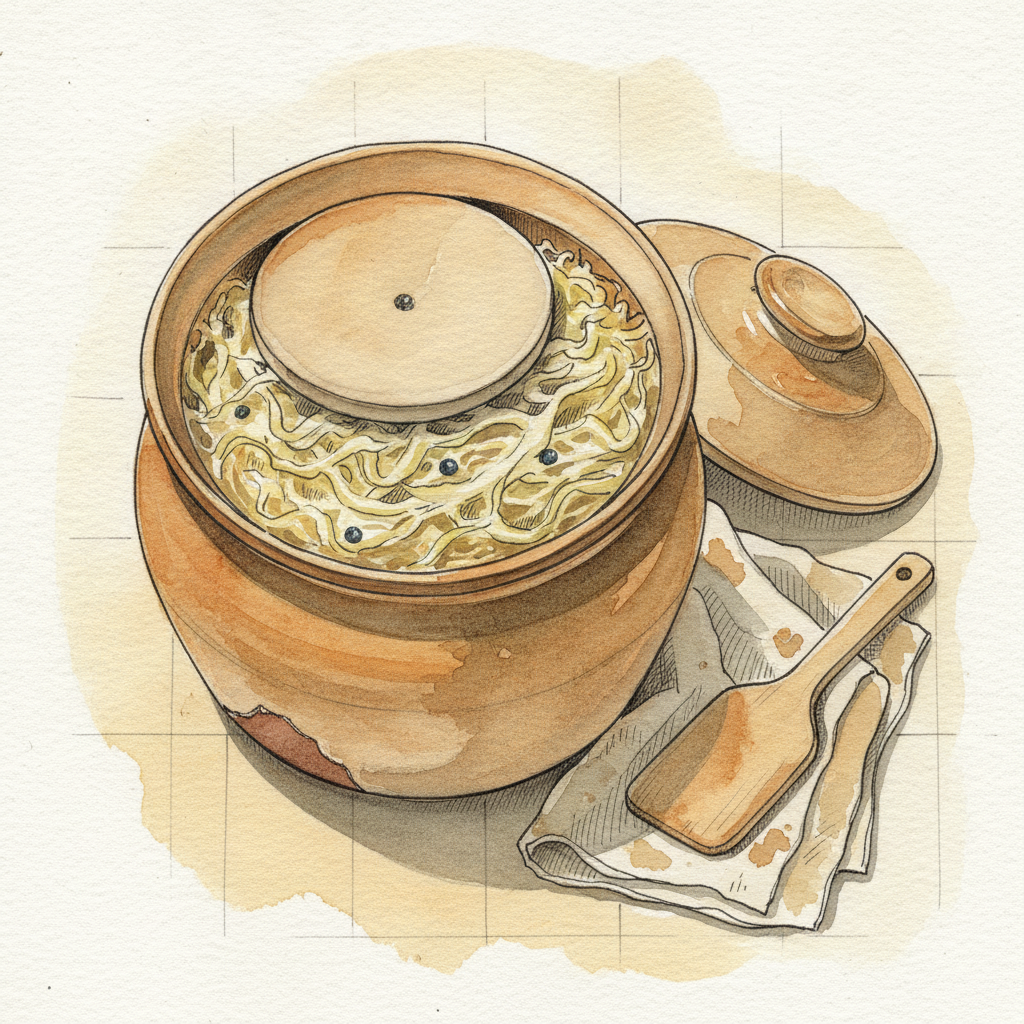 Sauerkraut in a stoneware crock with weight AI-generated Alternative interpretation example