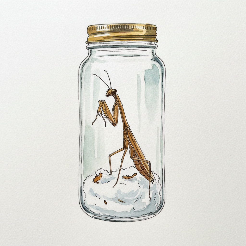 Praying mantis in a tall jar Alternative interpretation