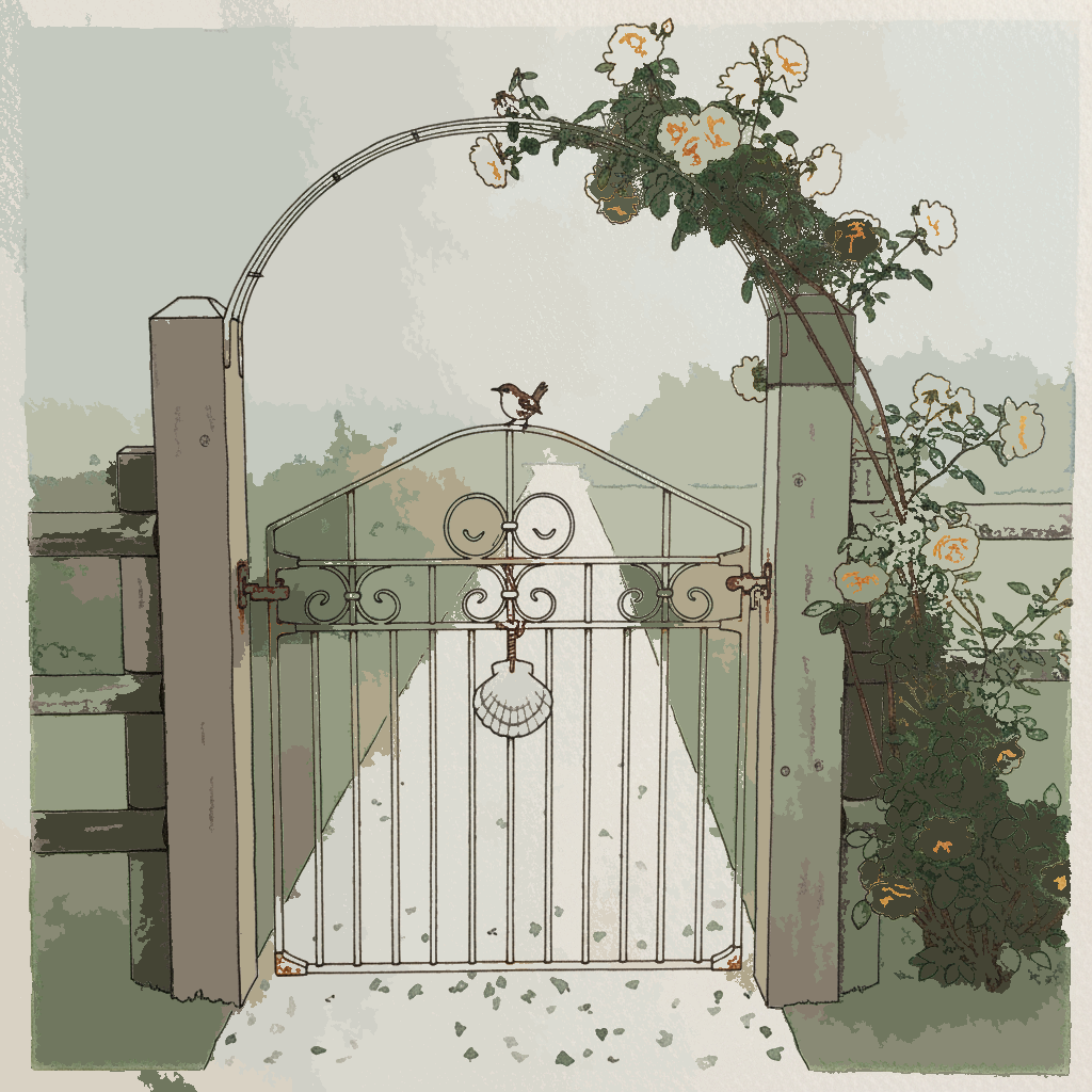 Cape Cod cottage gate in fog with Buff Beauty apricot example 3