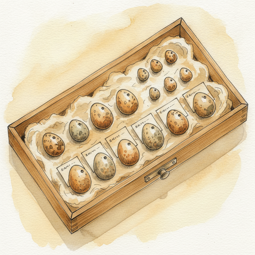 Blown-egg collection in a museum drawer Alternative interpretation