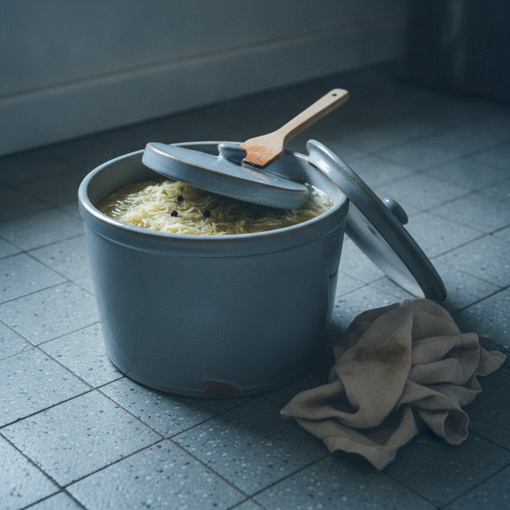 Sauerkraut in a stoneware crock with weight AI-generated photoreal reference