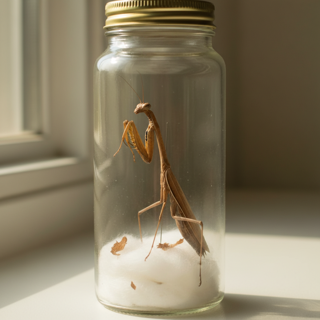 Praying mantis in a tall jar photo reference