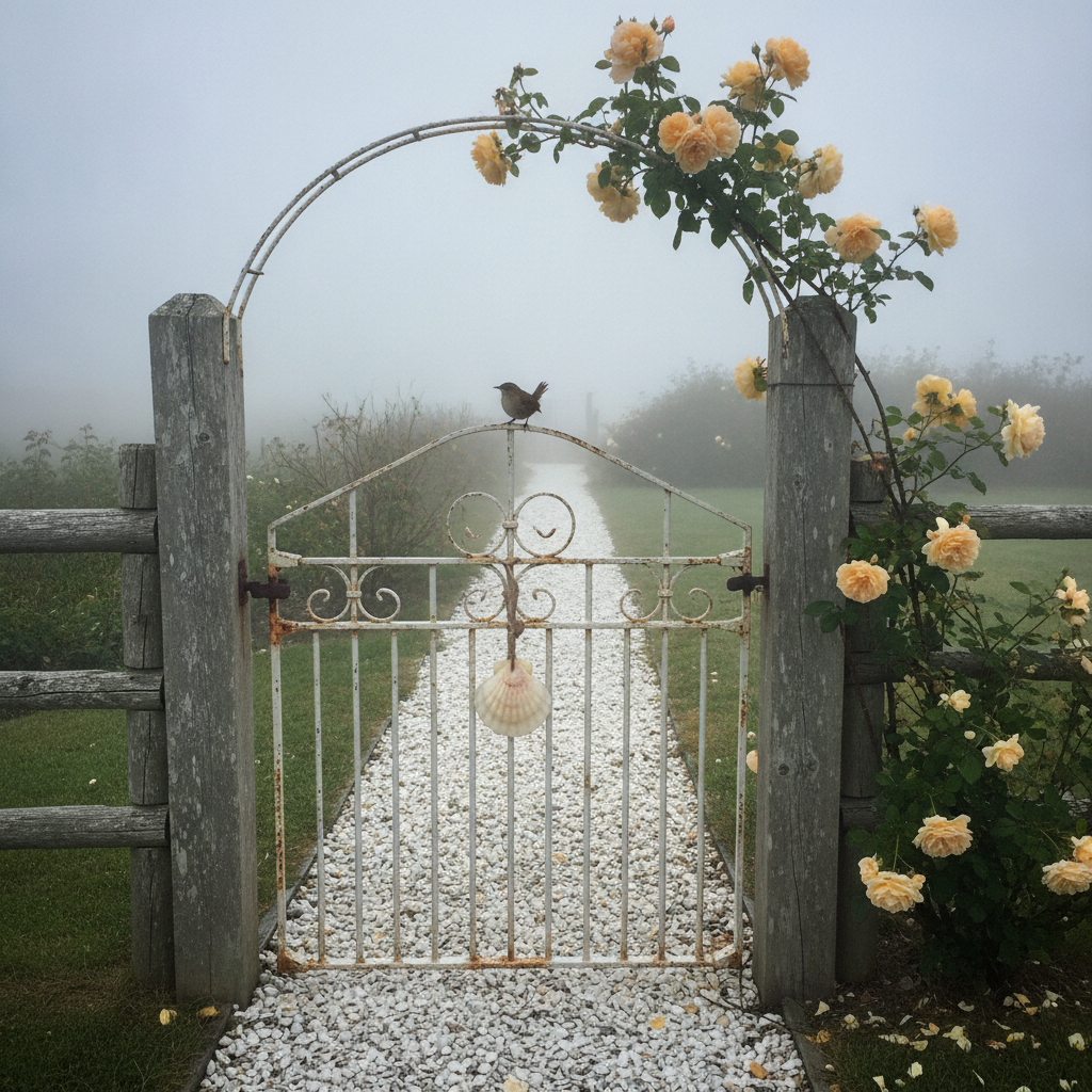 Cape Cod cottage gate in fog with Buff Beauty apricot AI-generated photoreal reference