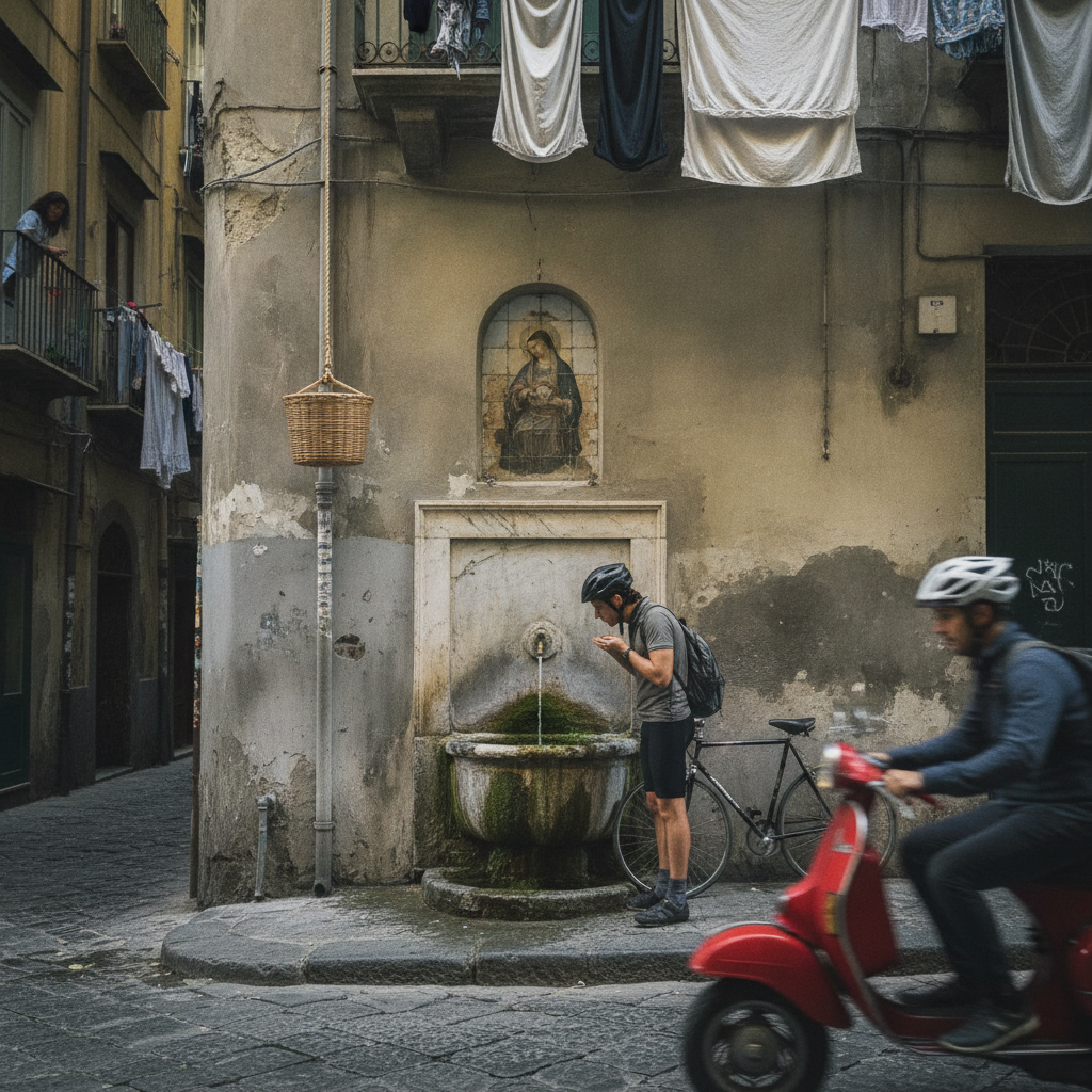 Naples drinking fountain in narrow alley AI-generated photoreal reference