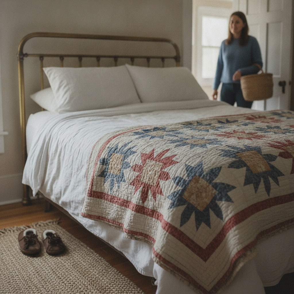 Quilt folded at foot of bed AI-generated photoreal reference