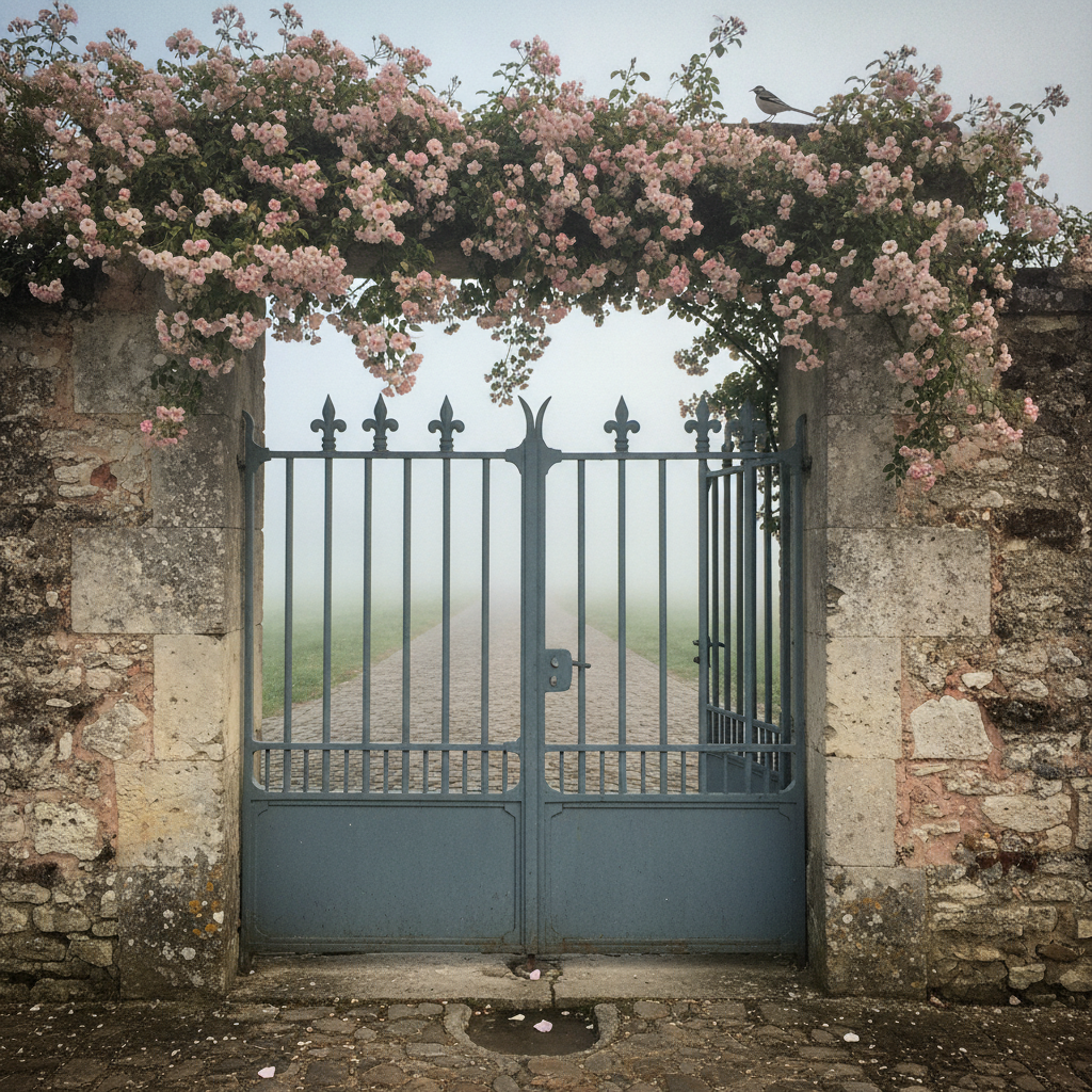 Anjou river gate at dawn with Climbing Cécile Brunner AI-generated photoreal reference