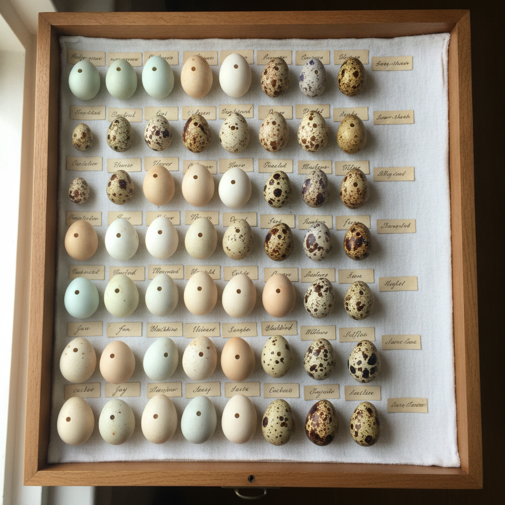 Blown-egg collection in a museum drawer photo reference