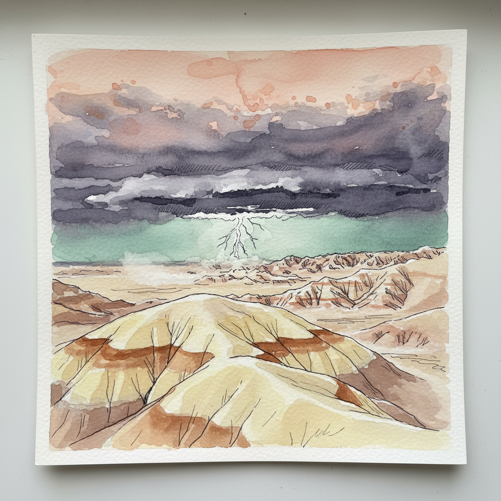 Lightning over Badlands at dusk, South Dakota, USA Loose & airy