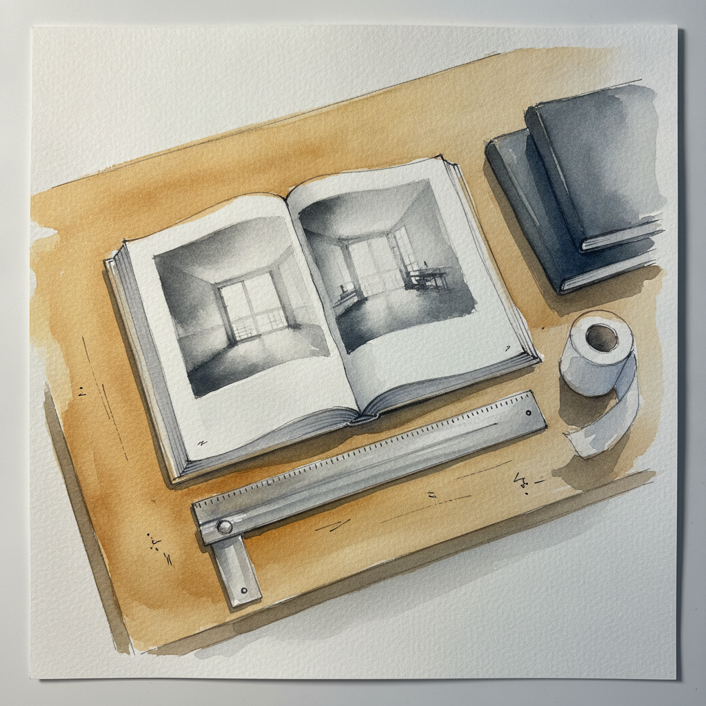 Open architecture monograph on a drafting table example 1