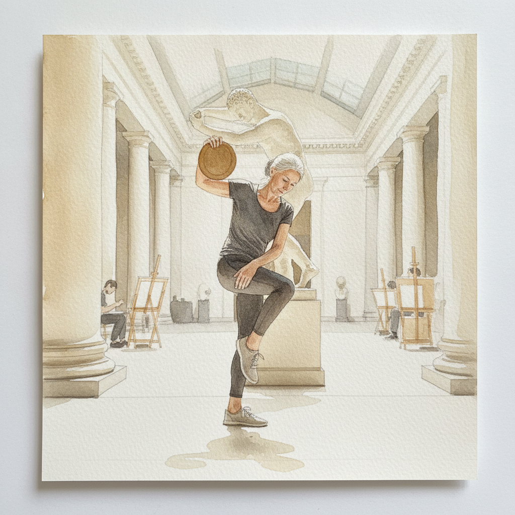 Discobolus, female elder model, gallery setting example 1