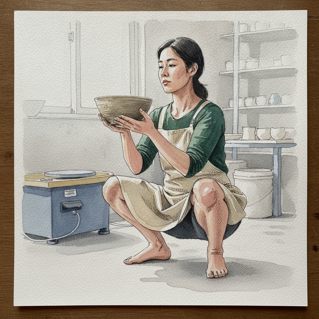 Deep Squat, Pottery Studio AI-generated Tighter & richer example