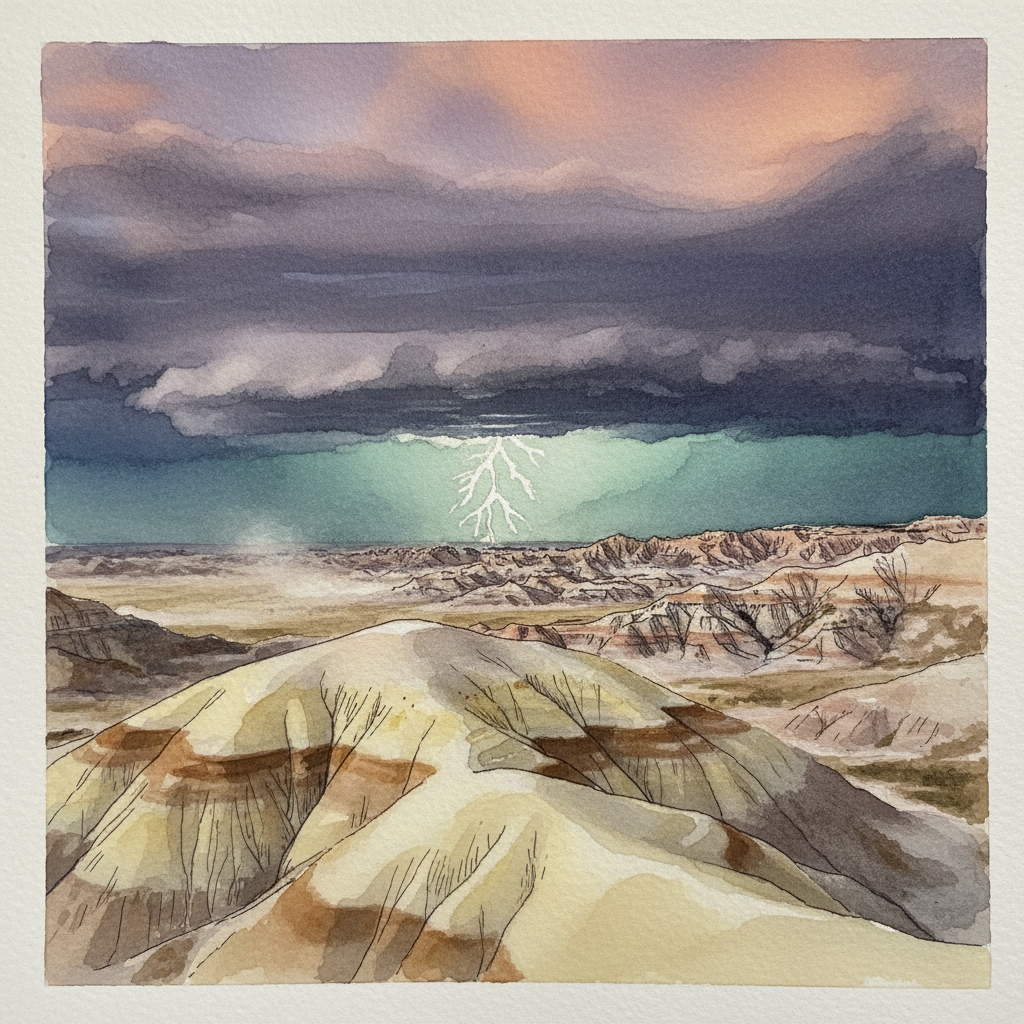 Lightning over Badlands at dusk, South Dakota, USA Tighter & richer
