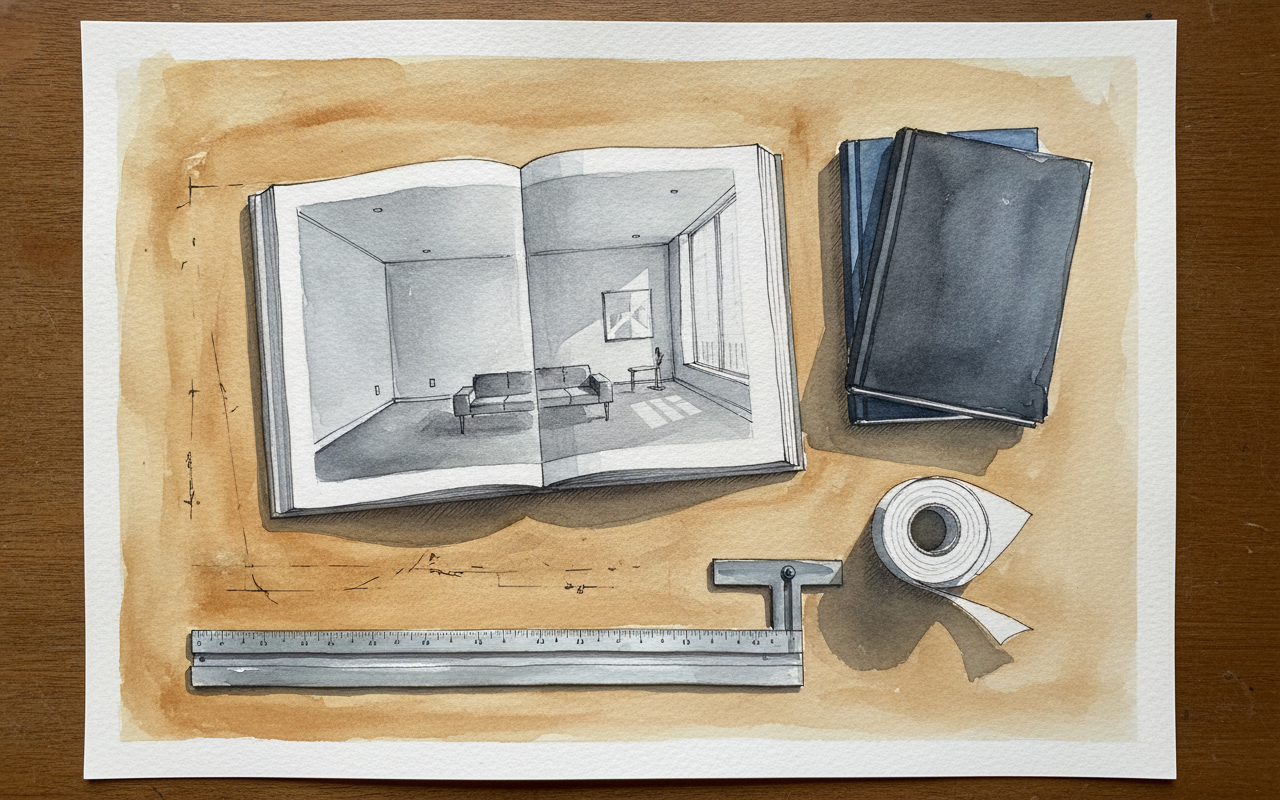 Open architecture monograph on a drafting table example 2