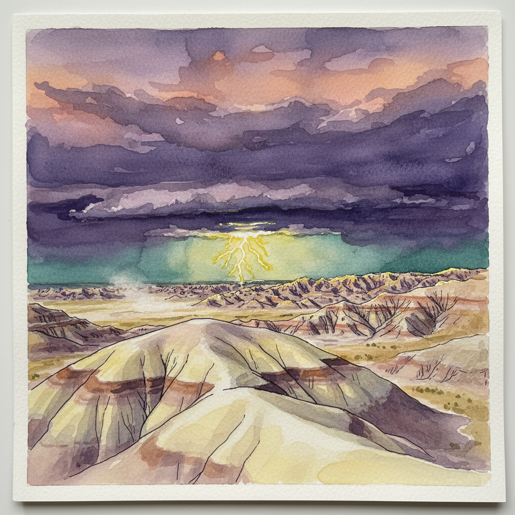 Lightning over Badlands at dusk, South Dakota, USA Alternative interpretation