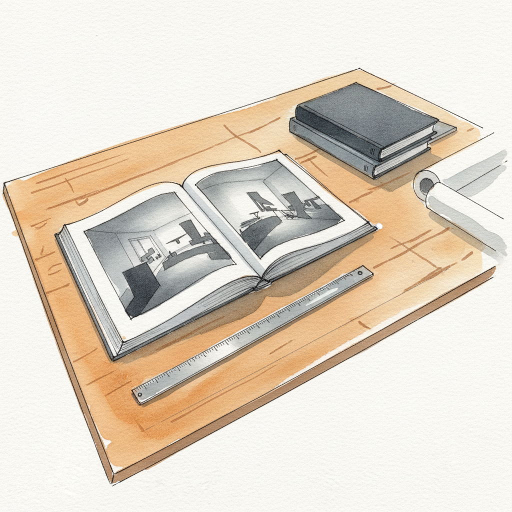 Open architecture monograph on a drafting table example 3