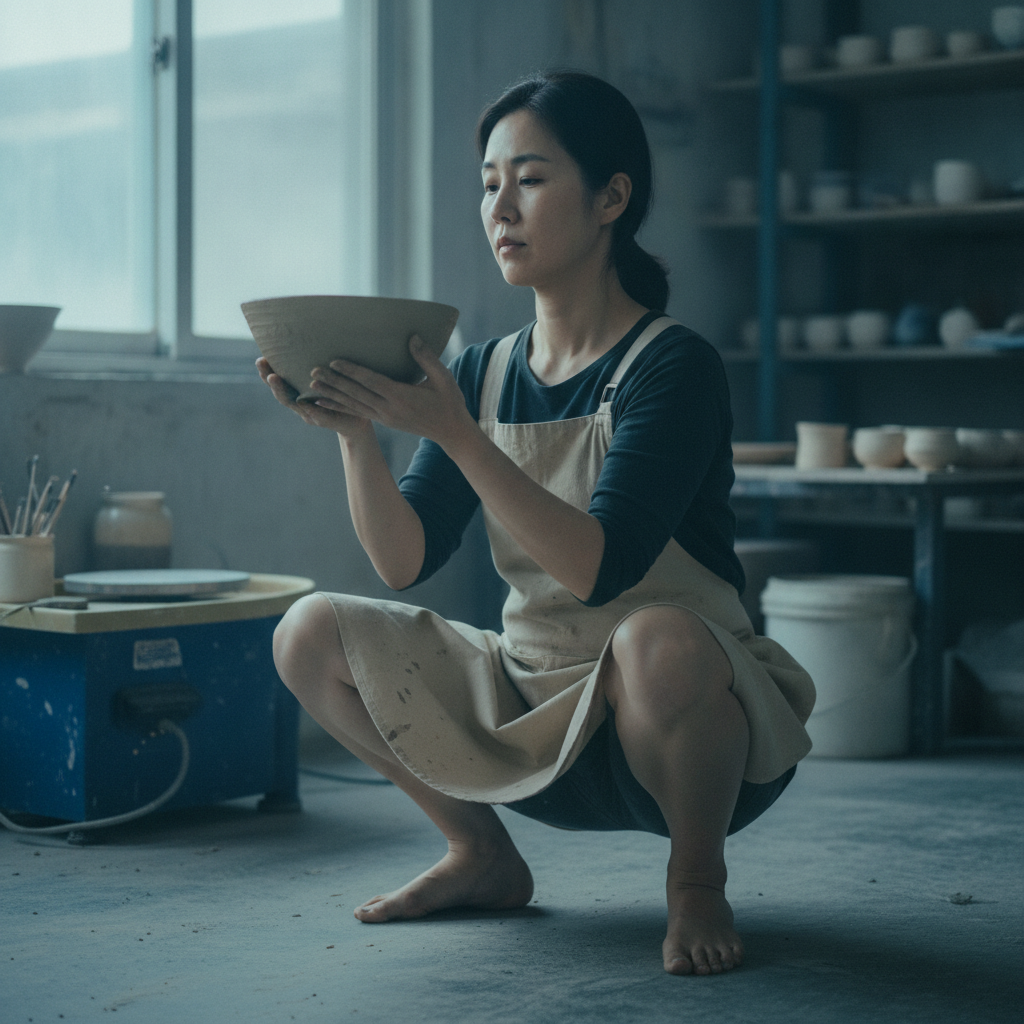 Deep Squat, Pottery Studio AI-generated photoreal reference