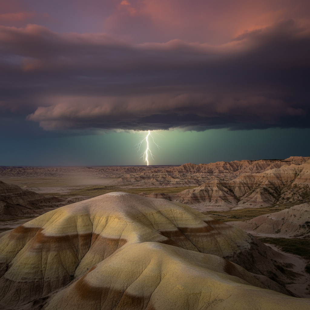 Lightning over Badlands at dusk, South Dakota, USA photo reference