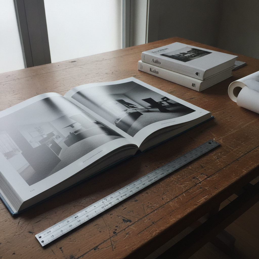 Open architecture monograph on a drafting table AI-generated photoreal reference