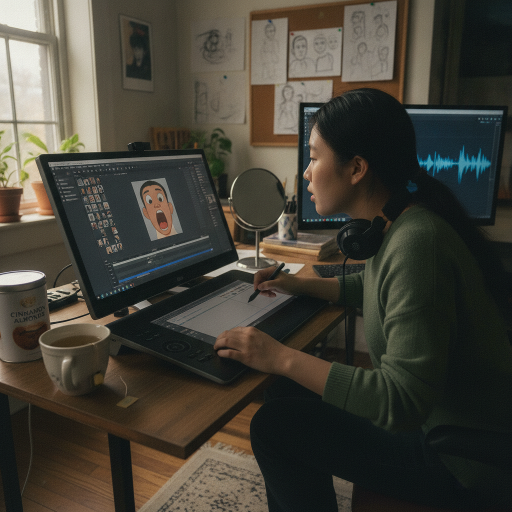 Animator at tablet AI-generated photoreal reference