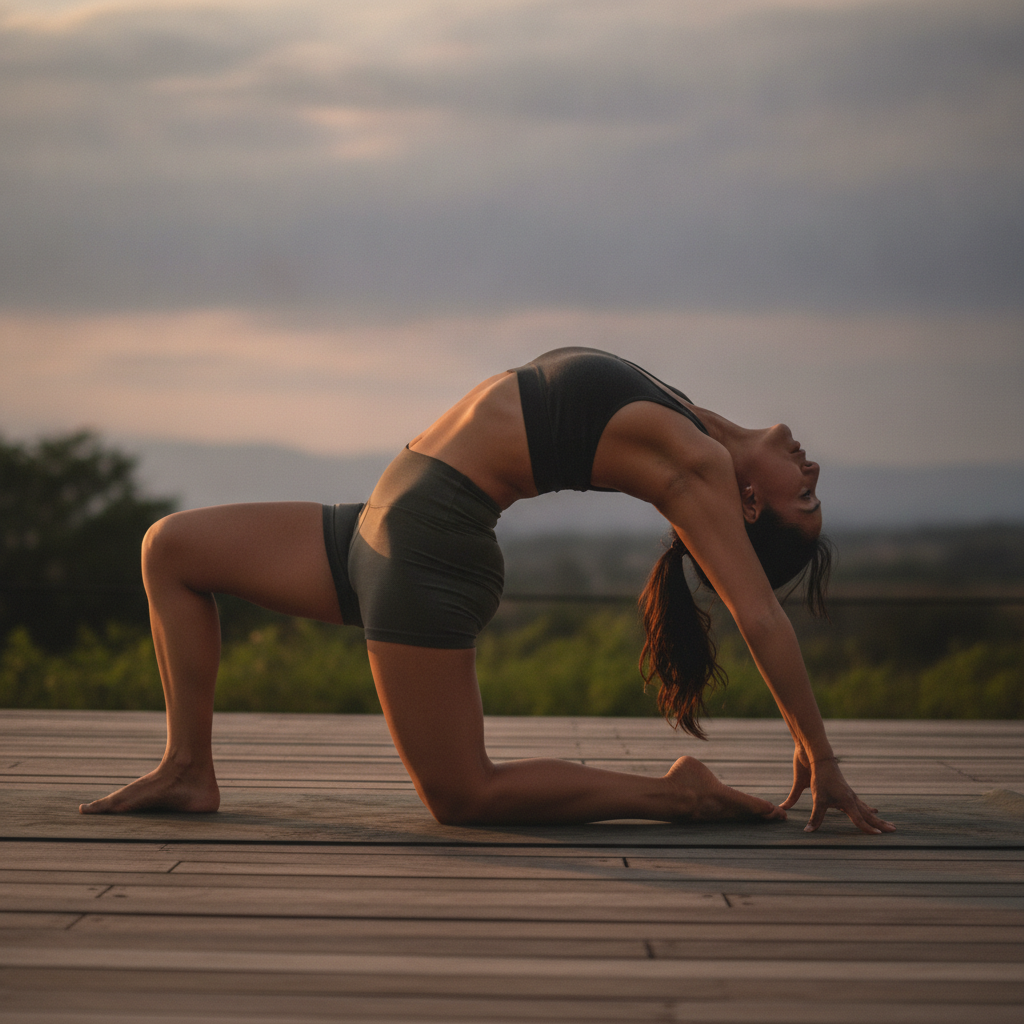 Camel pose with one knee lifted (low lunge backbend) AI-generated photoreal reference